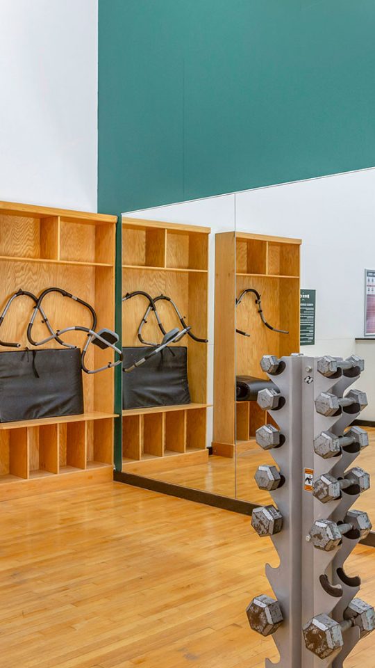 a gym room with mirrors and weights on the wall at The Breck